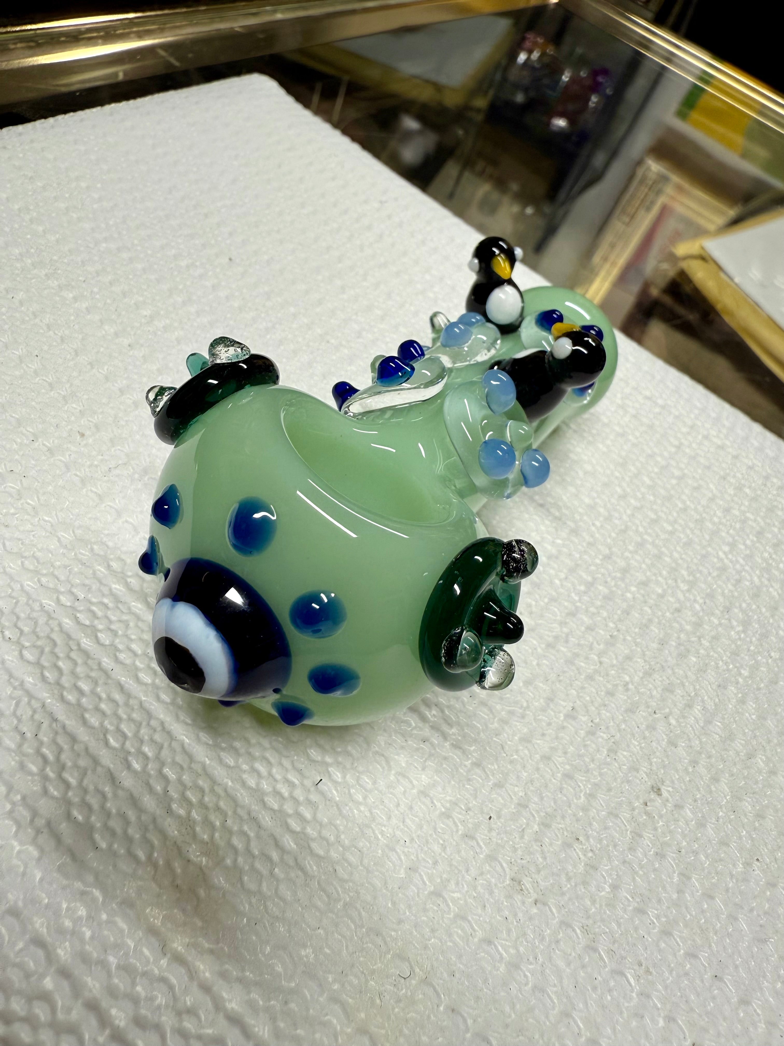 Ripkitty 4.5" Tobacco Dry Herb Hand Pipe Spoon Color Tube Glass with Penguins Art