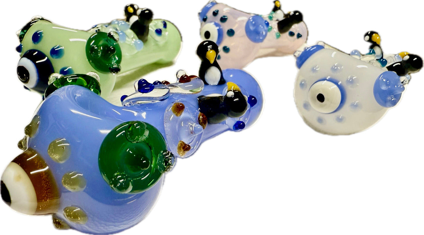 Ripkitty 4.5" Tobacco Dry Herb Hand Pipe Spoon Color Tube Glass with Penguins Art