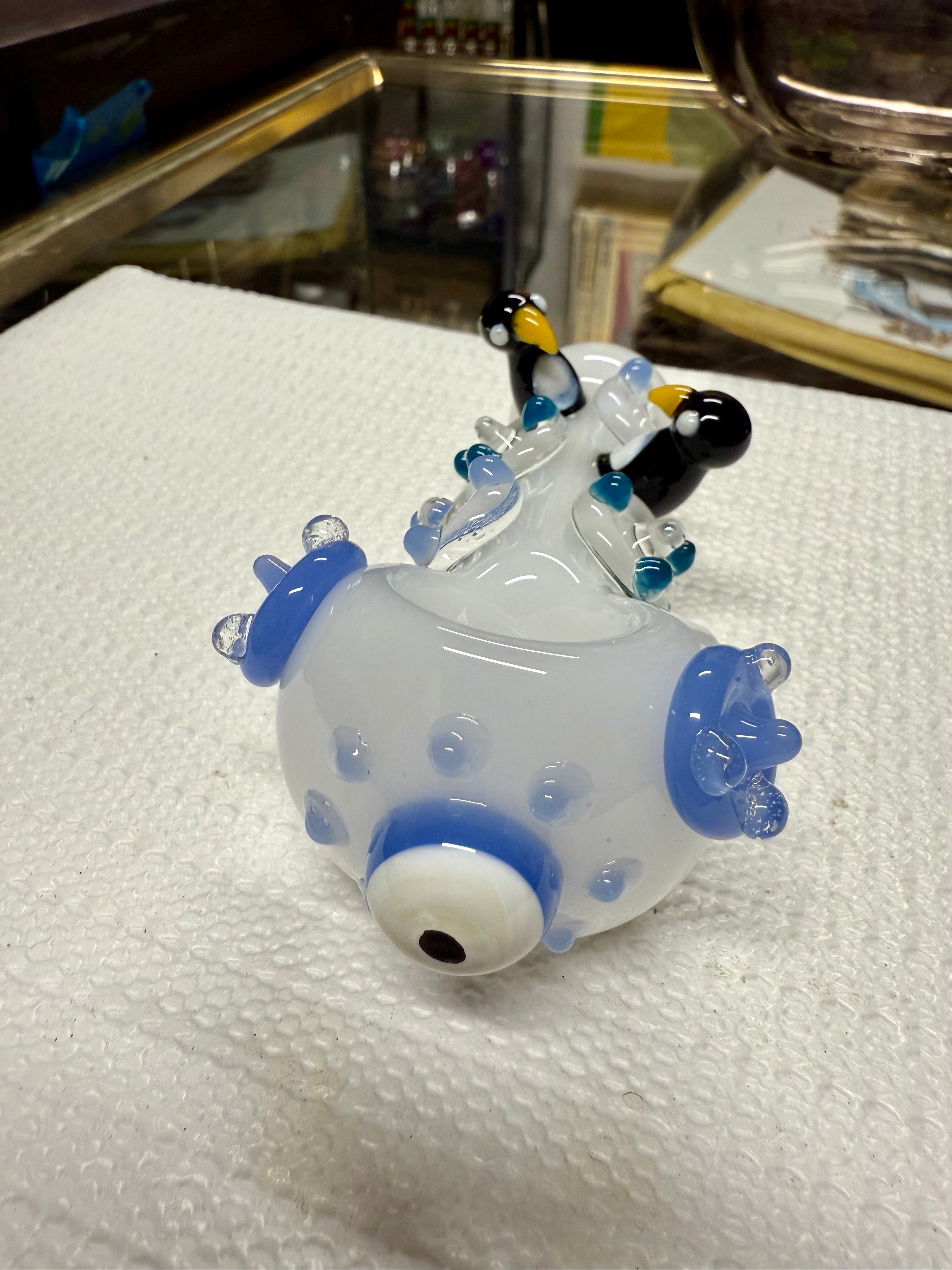 Ripkitty 4.5" Tobacco Dry Herb Hand Pipe Spoon Color Tube Glass with Penguins Art