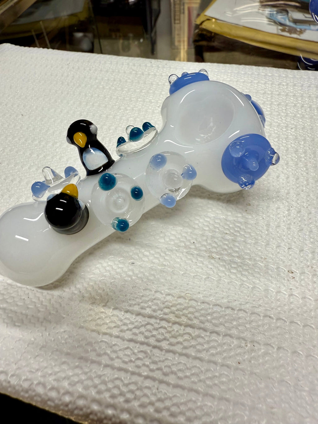 Ripkitty 4.5" Tobacco Dry Herb Hand Pipe Spoon Color Tube Glass with Penguins Art