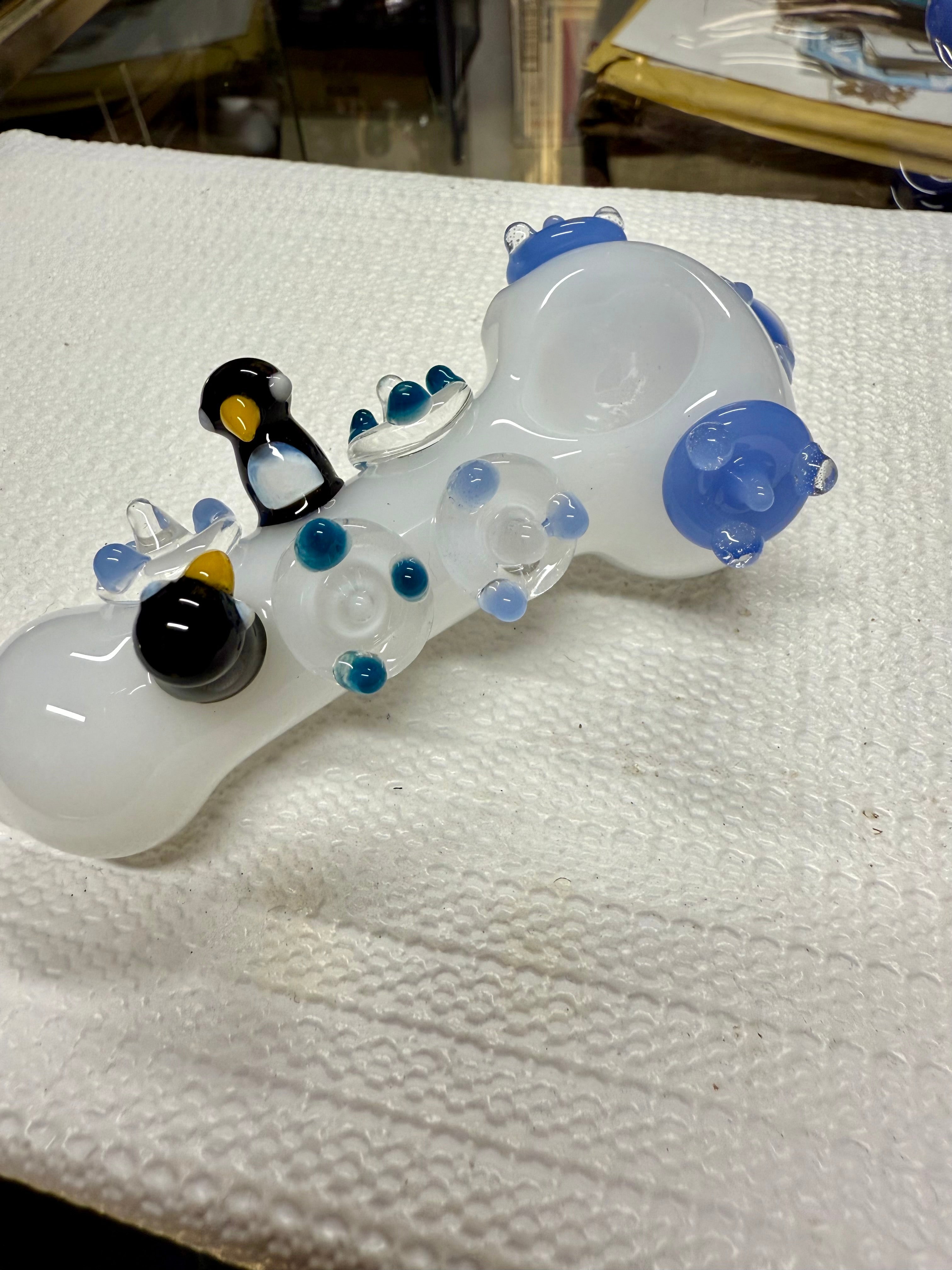 Ripkitty 4.5" Tobacco Dry Herb Hand Pipe Spoon Color Tube Glass with Penguins Art