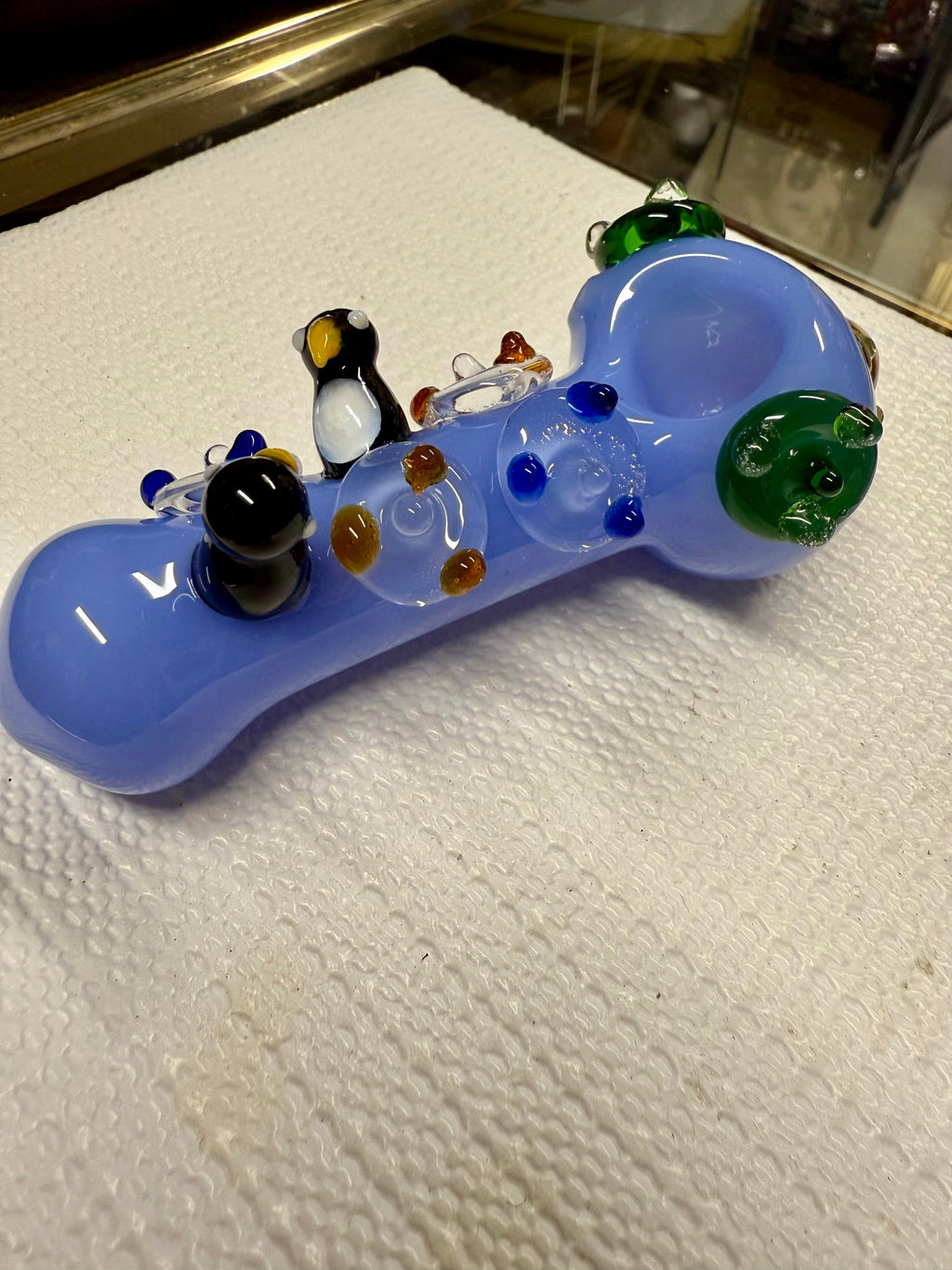 Ripkitty 4.5" Tobacco Dry Herb Hand Pipe Spoon Color Tube Glass with Penguins Art