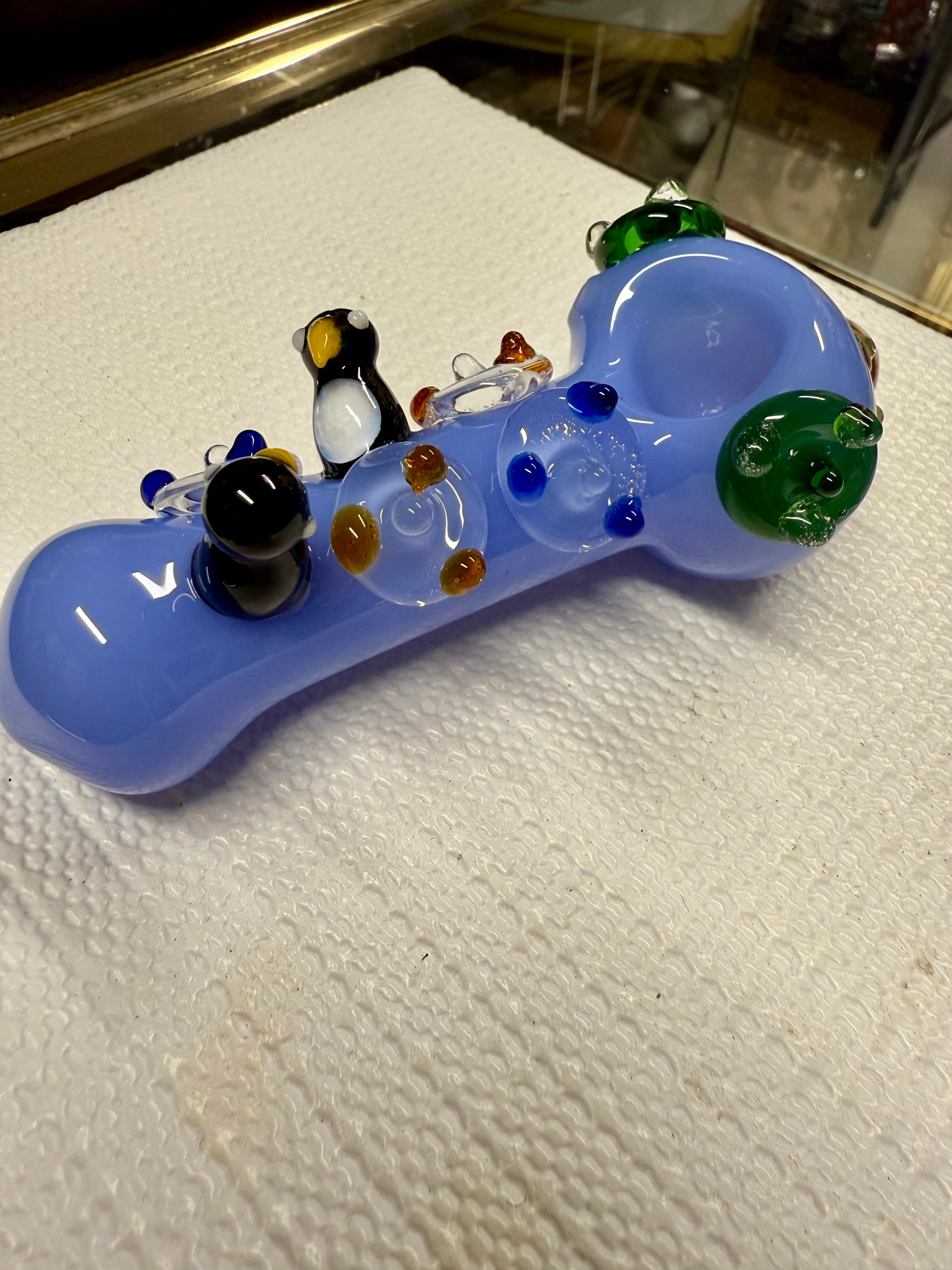 Ripkitty 4.5" Tobacco Dry Herb Hand Pipe Spoon Color Tube Glass with Penguins Art