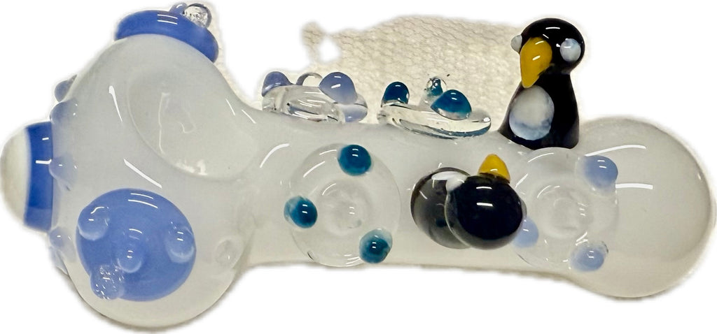 Ripkitty 4.5" Tobacco Dry Herb Hand Pipe Spoon Color Tube Glass with Penguins Art