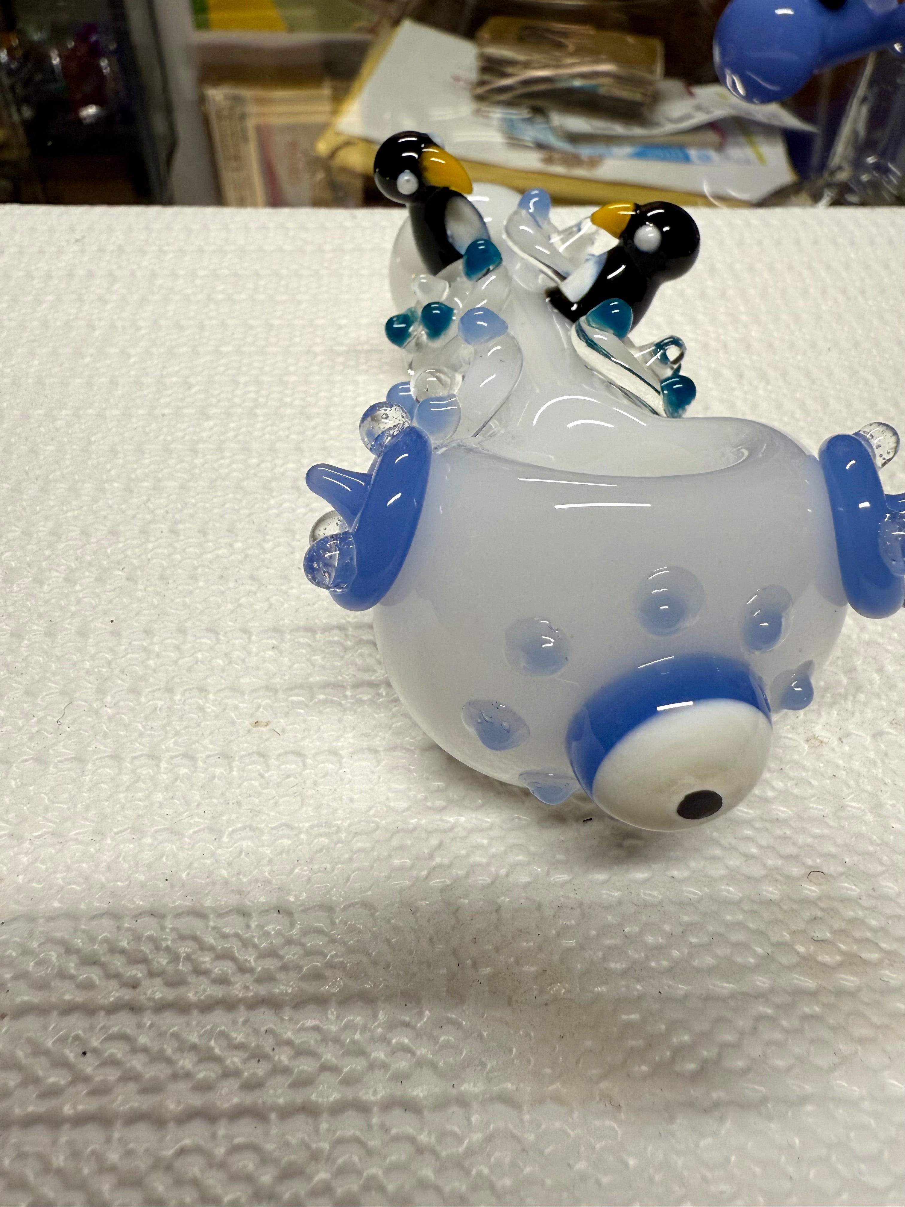 Ripkitty 4.5" Tobacco Dry Herb Hand Pipe Spoon Color Tube Glass with Penguins Art