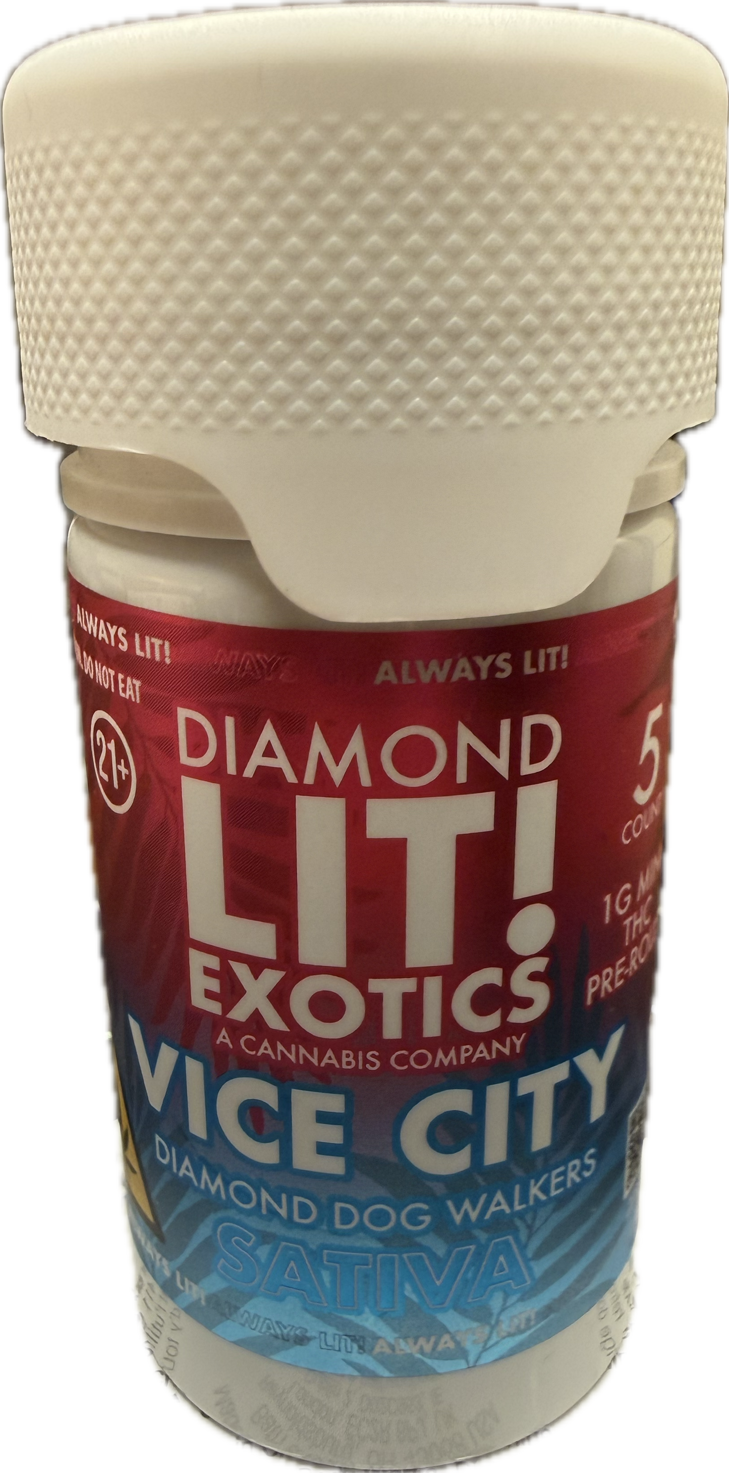 Diamond Lit! – Exotics Dog Walkers – 5CT Jar – 1G D-8 Pre-Rolls (Sat. / Hybr. / Indi.)